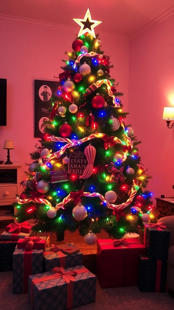 A Christmas tree with colorful lights and gifts in a cozy living room.